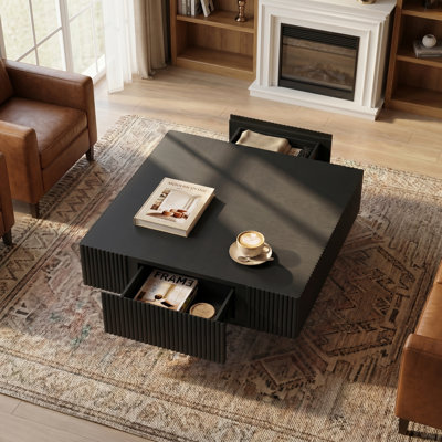 Modern Coffee Table, 2-Drawer Square Living Room Coffee Table With Solid Wood Top
