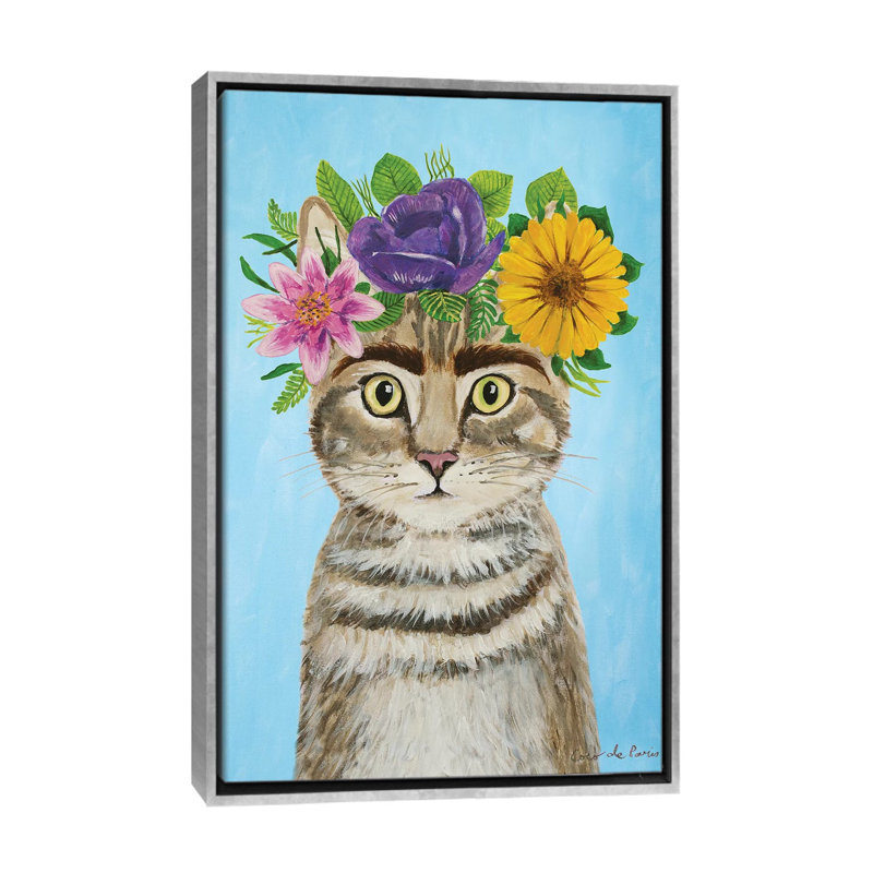 « Frida Kahlo Cat Blue » par coco de Paris-impression, Pas de tapis, H 48 po x l 32 po x P 1,5 po, Toile avec cadre argenté