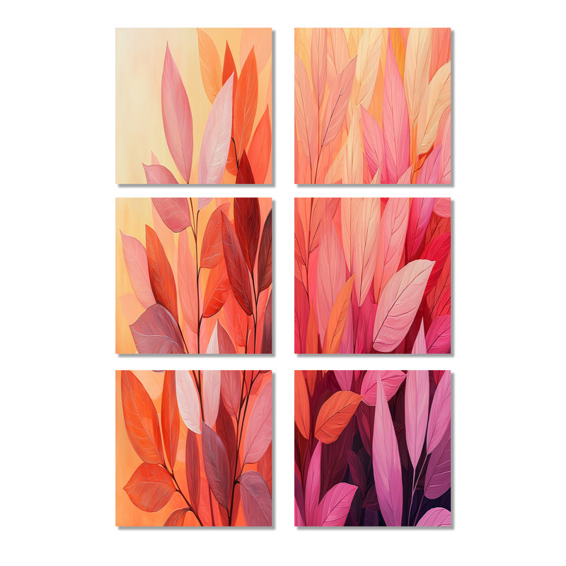 «Coral Leaves Dance Of The Forest», ensemble de 6 impressions sur toile florales, Toile tendue, Ne s’applique pas