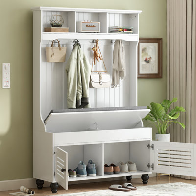 Banc d'entrée 5 en 1 avec portes à volets, portemanteau, coussin et 4 crochets robustes, portemanteau de 47,2 po de largeur pour une vie organisée