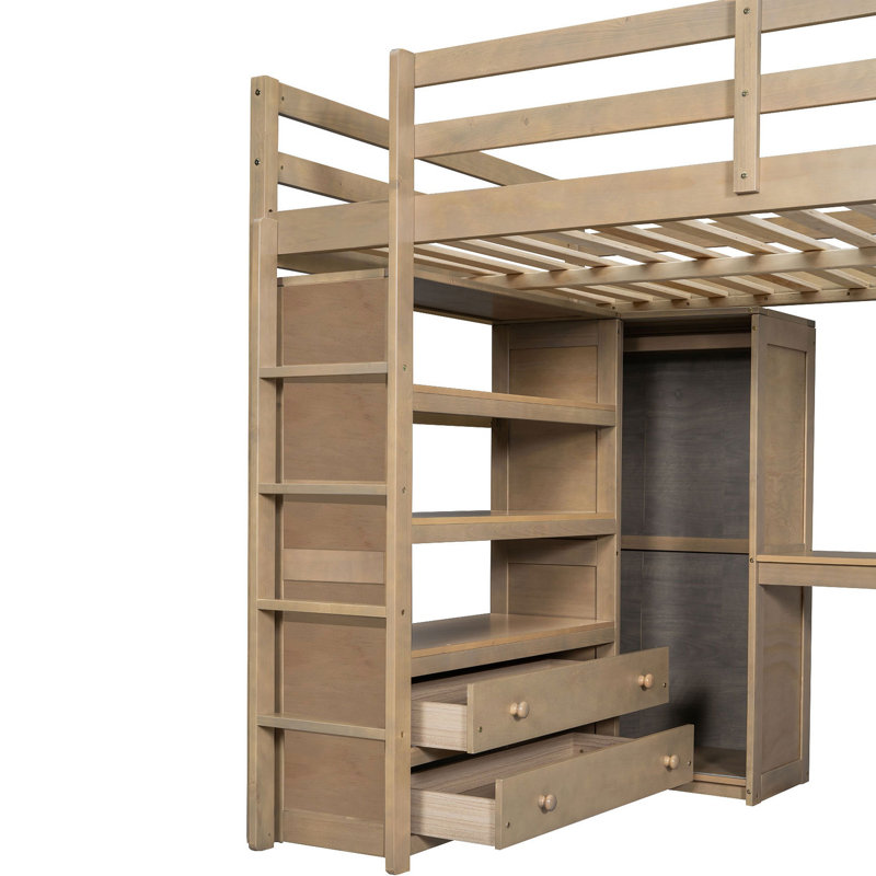 Lit mezzanine en bois avec garde-robe intégré, bureau, tablettes de rangement et tiroirs, Noyer