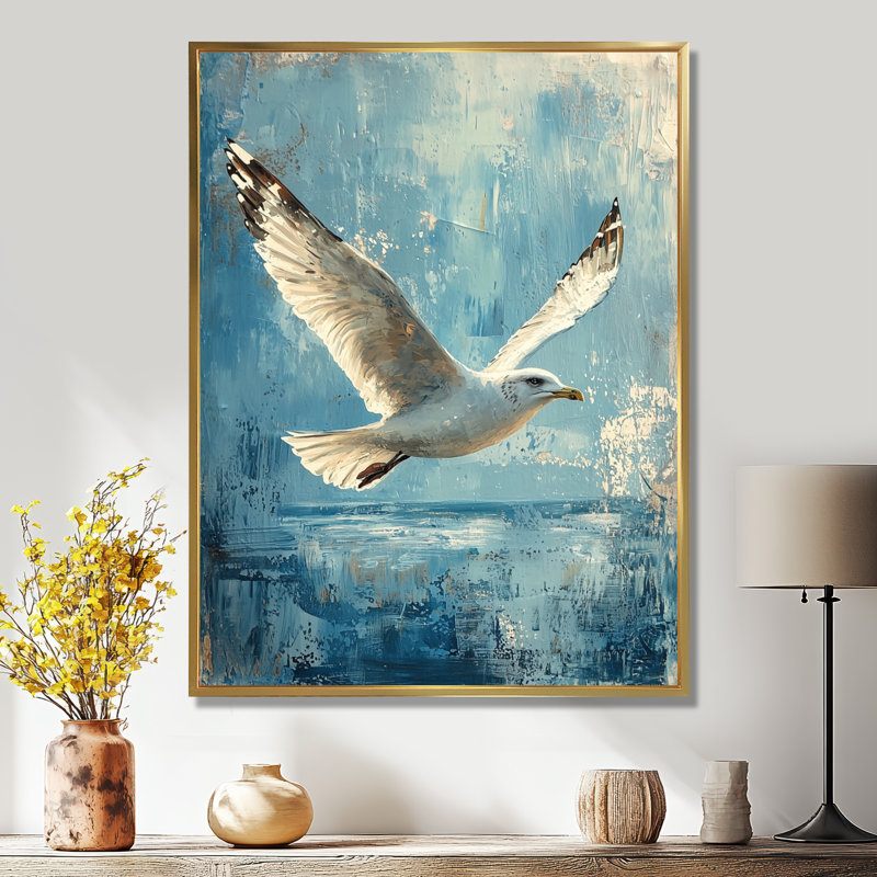 Décoration murale azed goéland dans la brise I - oiseau, H 32 po x l 24 po, Impression encadrée flottante, Doré