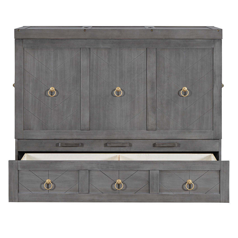 Lit escamotable avec port USB et grand tiroir, Gris, Lit double