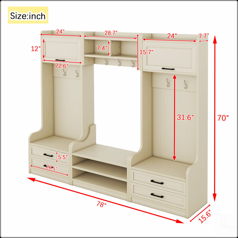 4-in-1 Detachable Hall Tree with Storage and 7 Hooks, Multiple Functions Hallway Coat Rack with Storage Drawers and Cabinet, Antique Beige Shoe Bench for Entryway Hallway