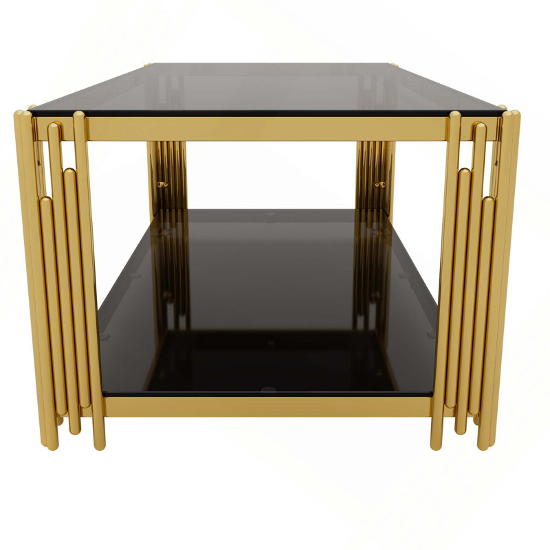 Table basse moderne moderne avec structure asymétrique en métal, tablette inférieure et plateau en verre