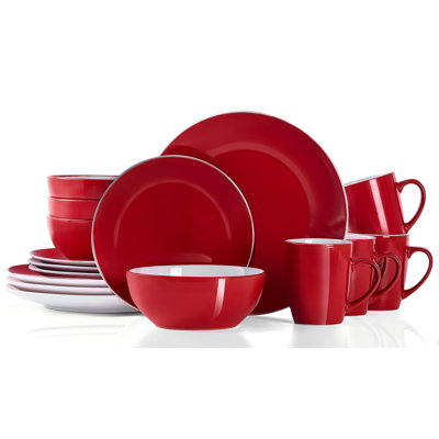 Round Kitchen Dinnerware Sets, Plates And Bowls, Dinner Plates, Cereal Bowls, Stoneware Dinnerware, 16 Piece, (Red And White)