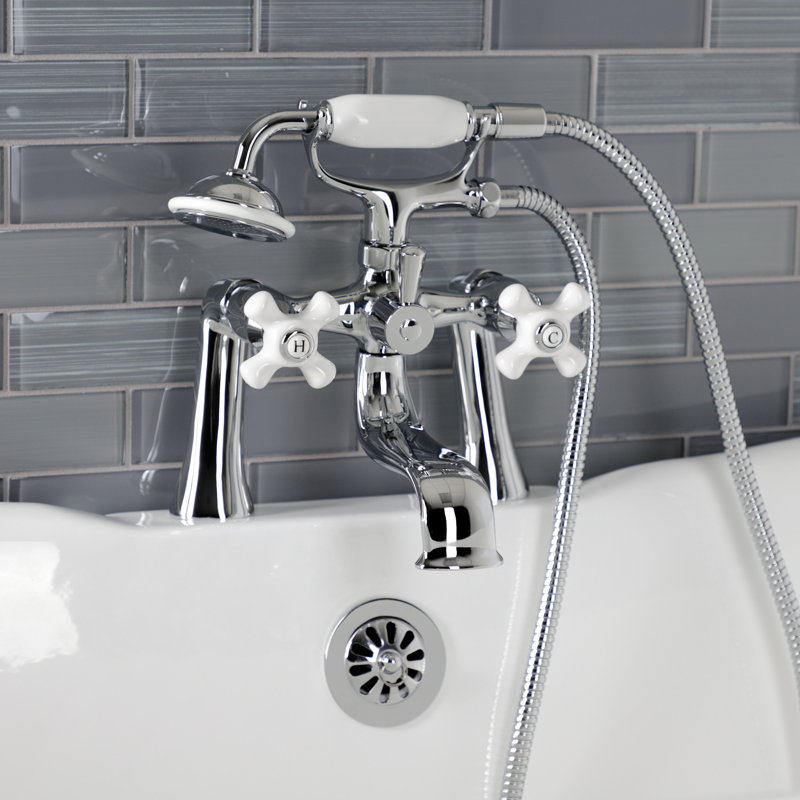 Kingston Brass Kingston Three-Handle 2-Hole Deck Mount Clawfoot Tub Faucet with Hand Shower, Polished Chrome