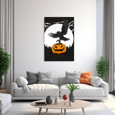 Corbeau de nuit sur citrouille - Affiche murale abstraite contemporaine représentant un oiseau de la forêt d'automne