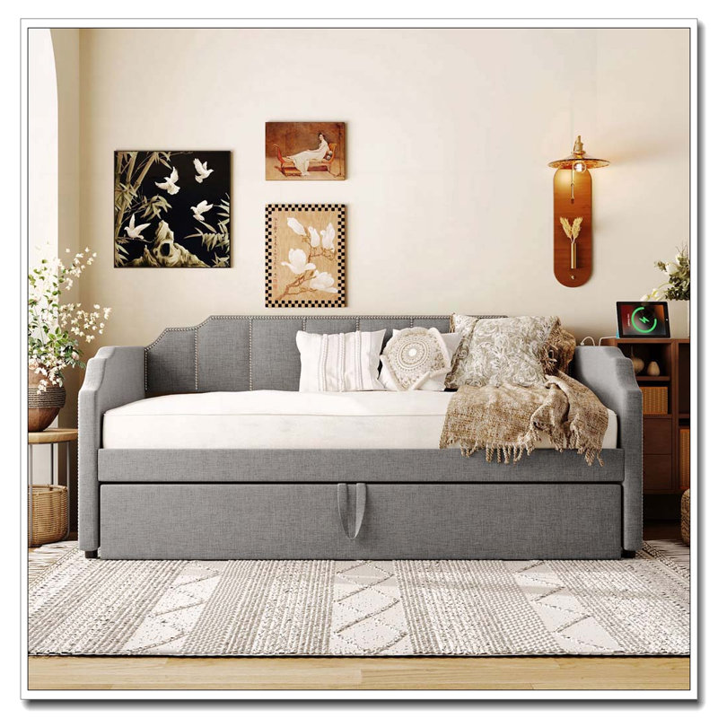 Lit de jour simple rembourré avec couchette escamotable et ports de chargement USB, Gray