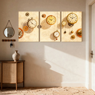 Fashion Vintage Clocks Gears Mechanism Artwork Design Set of 3 Canvas Wall Art Prints