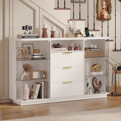 53''W Glass Sideboard Cabinet with LED Lights, Fluted Buffet Cabinet, 3-Drawer TV Stand