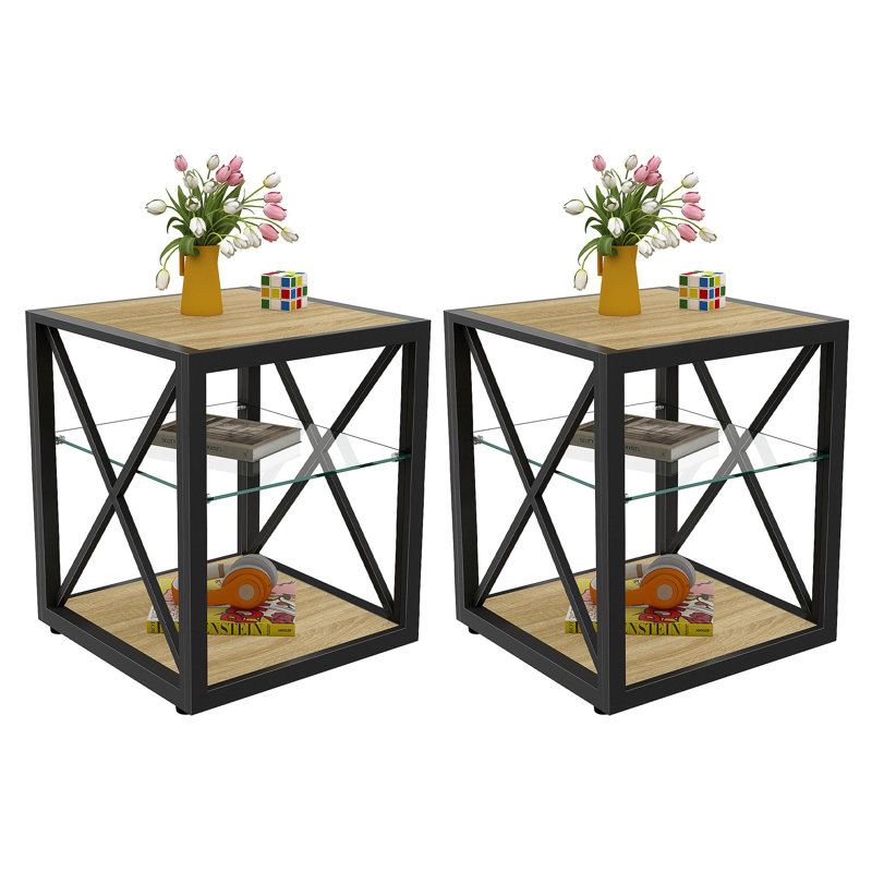 Set Of 2 Modern End Table Nightstand For Bedroom & Living Room, Tempered Glass & Natural Wood MDF Top , Industrial Style Side Table