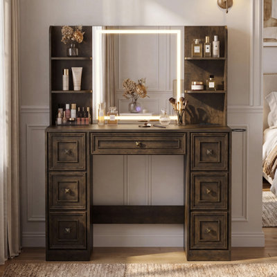 43.3" Makeup Vanity Desk with LED Lighted Mirror, Charging Station and 7 Drawers