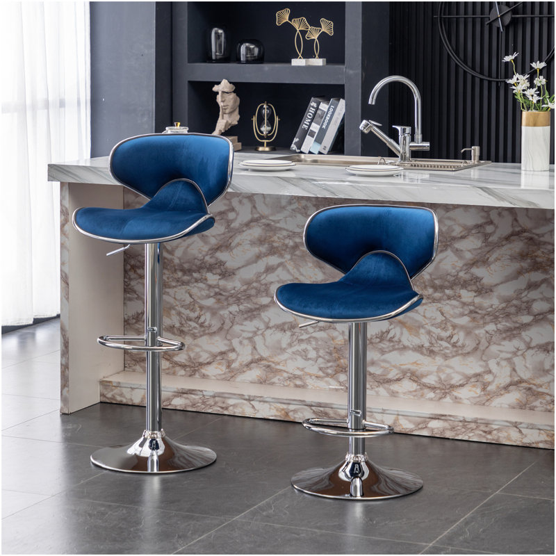 Masaccio Velvet Upholstered Adjustable Swivel Barstool, Set Of 2, Blue, Blue