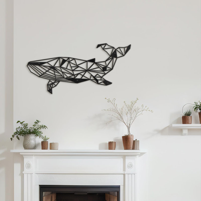 Whale Nautical Theme Modern Abstract Wall Accent Sculpture Hanging Decoration Metal Wall Decor, 12" H x 24" W x 0.05" D, Blck