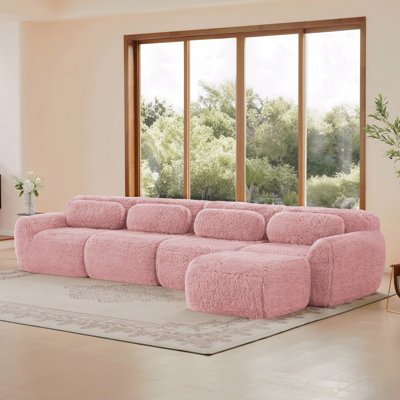 Canapé en forme de L pour recevoir des invités Tissu en peluche doux et moelleux en forme de L, canapé modulaire pour canapé modulaire, conception antidérapante en éponge haute densité 32D, connexion à boucle libre, pour les salons, rose