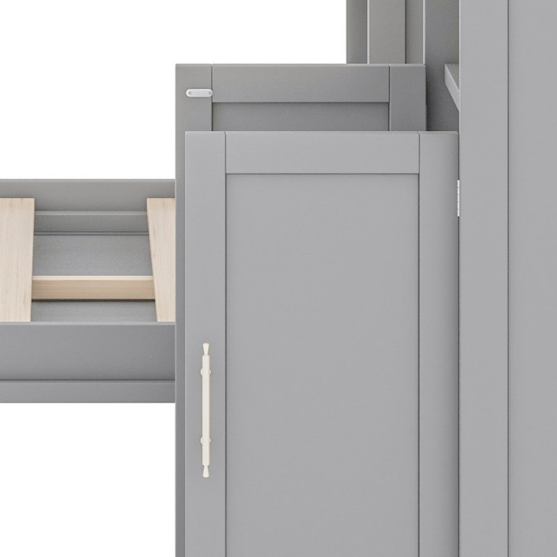 Lit escamotable à DEL avec armoires de rangement, huche en verre, bureau et prise de courant USB, Gris