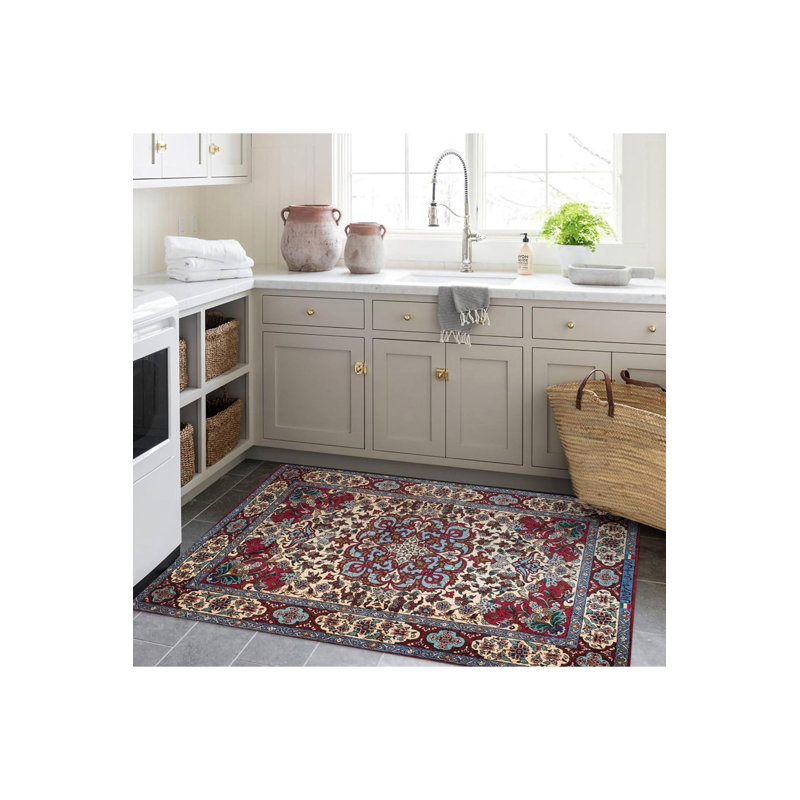 Blue Burgundy Pattern Woven Base Modern Decorative Machine Washable Area Rug, Rectangle 3'11" x 5'11"