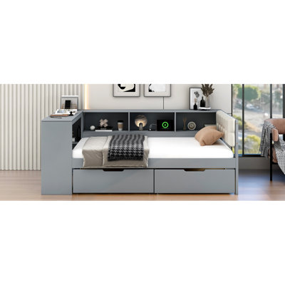 Wood Twin Size Platform Bed With Storage Shelves, Drawers, Charging Station And Upholstered Headboard, Gray
