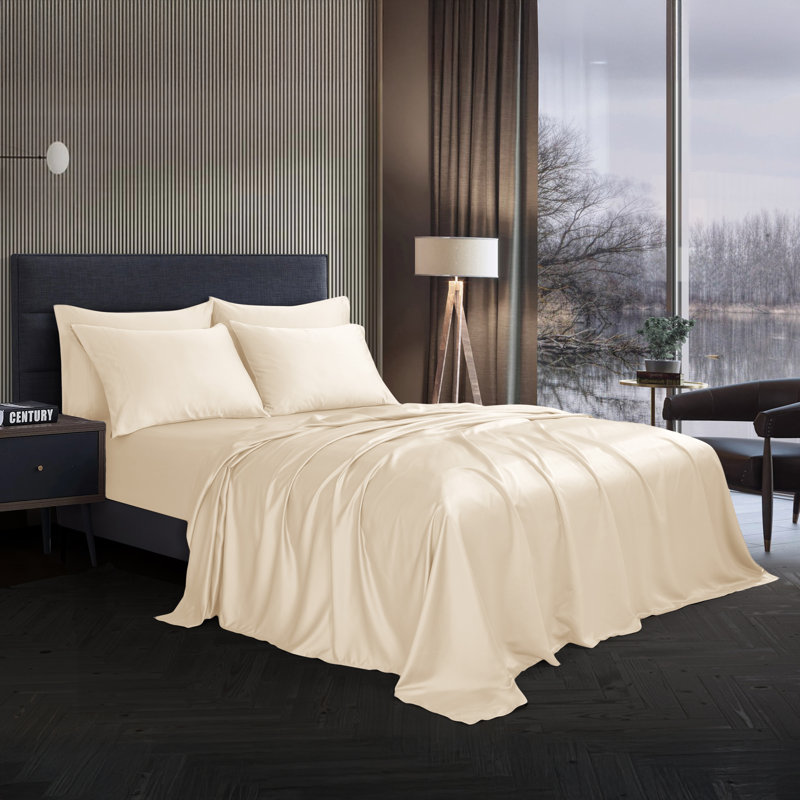 Modern Threads 6-Piece Satin Sheet Set with Deep Pocket Fitted Sheet, 4 Pillowcases, and Organizer, Beige
