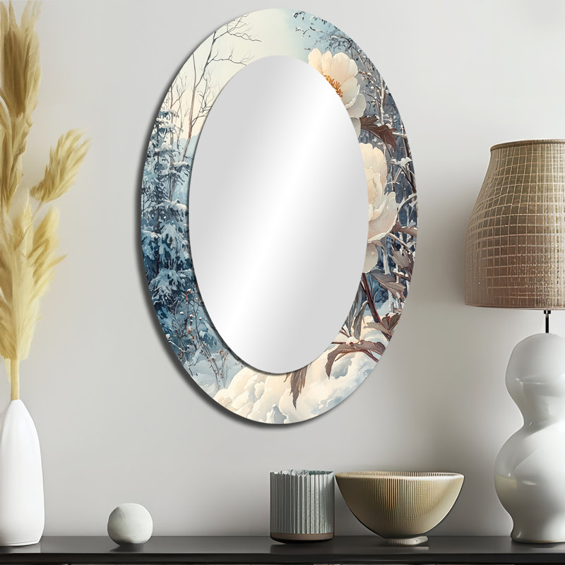 Snow Capped Peonies Into The Forest II - Large Oval Wall Mirror On Metal, 36" x 24"