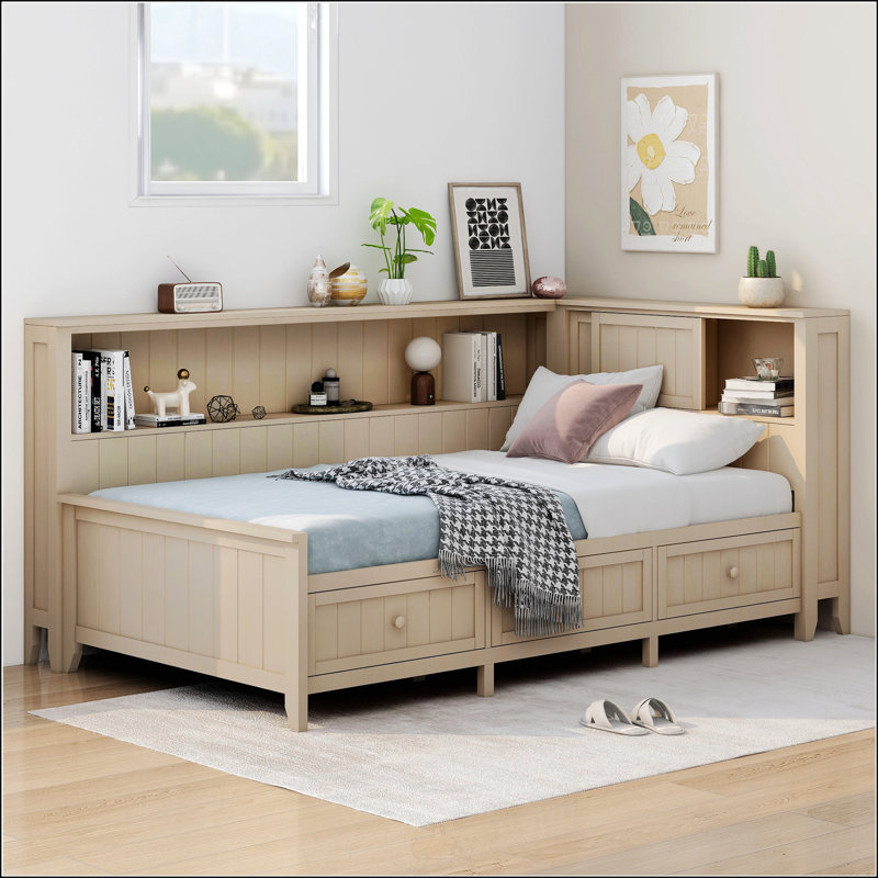 Lit de jour simple avec tablettes de rangement et 3 tiroirs