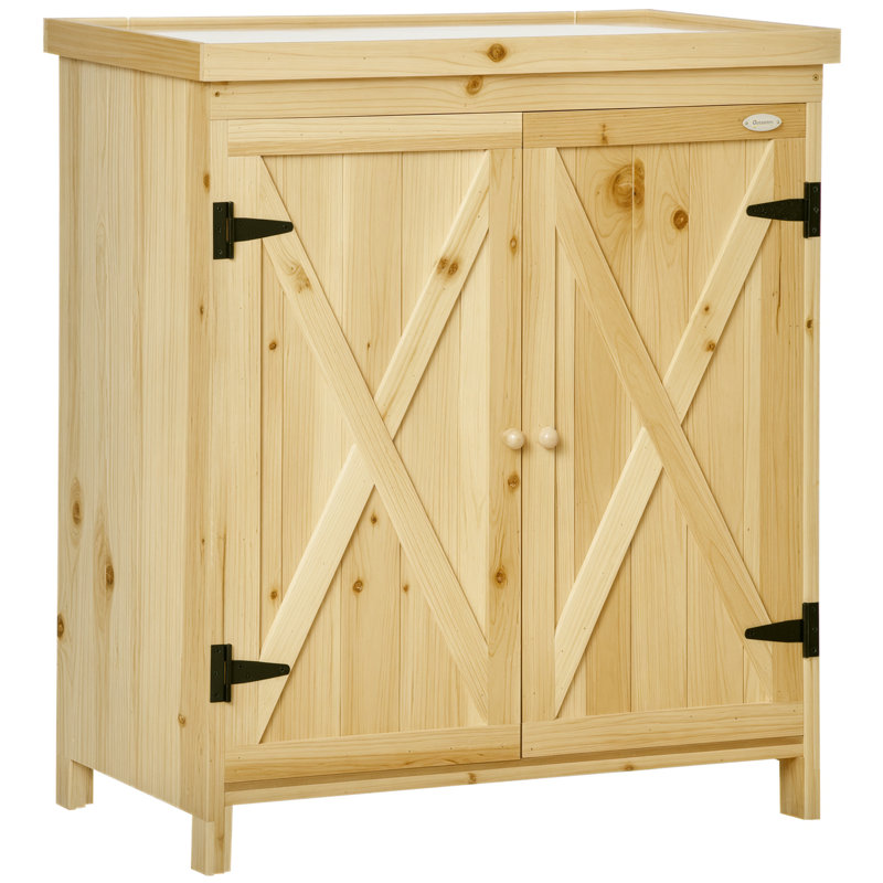 Outsunny Garden Storage Cabinet, Outdoor Tool Shed with Galvanized Top and Two Shelves for Yard Tools or Pool Accessories, Natural
