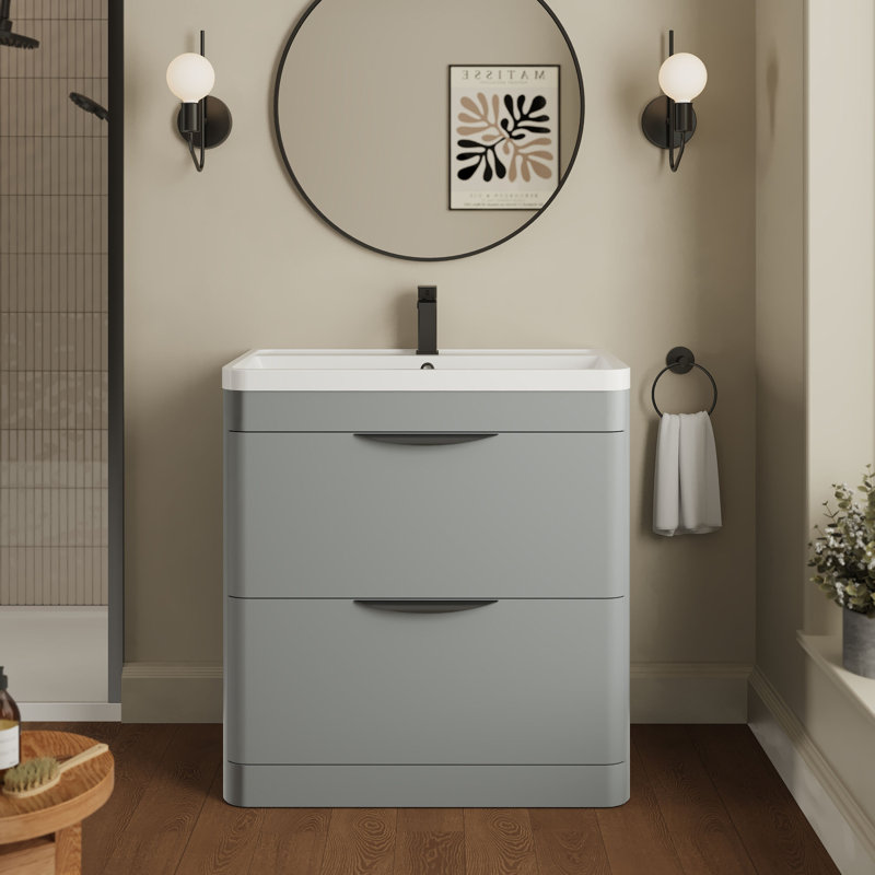 nuie Parade 800mm Satin Grey 2 Drawer Floor Standing Vanity Unit With Polymarble Basin, Satin Grey, 60cm W