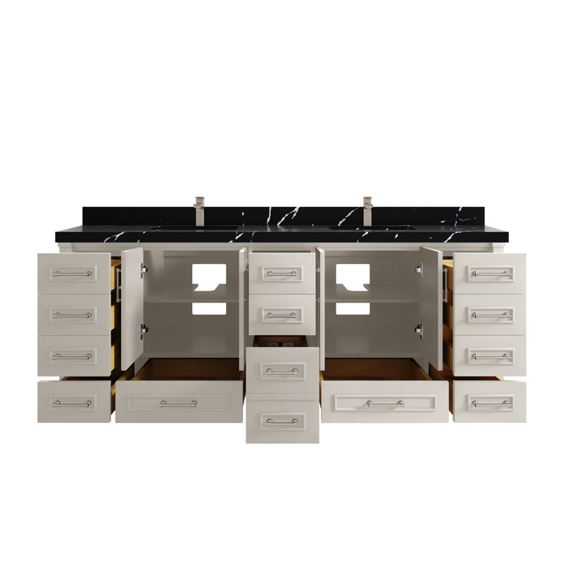 Aberdeen 84'' Double Bathroom Vanity with Quartz Top, Calacatta Black, Fine Grain