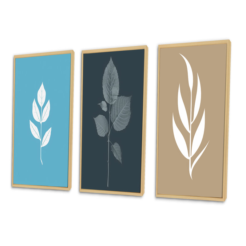 «Minimal Botanicals Single Leaf On Beige», 3 pièces, H 28 po x l 36 po, Cadre naturel flottant