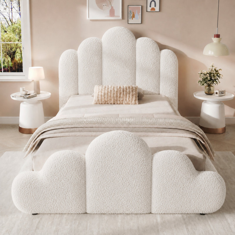 3FT Single Petal-Shaped Upholstered Bed, Cream White Boucle