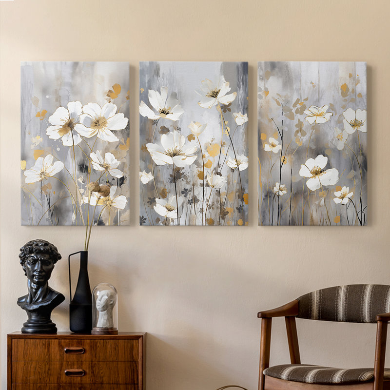 Étude florale CXLI - Ensemble de 3 toiles tendues avec châssis - Prêt à être accroché, H 36 po x l 24 po