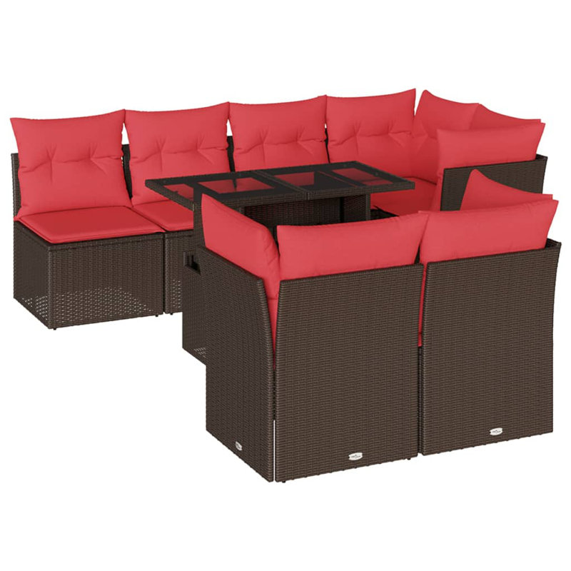  8 Piece Patio Sofa Set With Cushions Grey Poly Rattan, Red, Brown