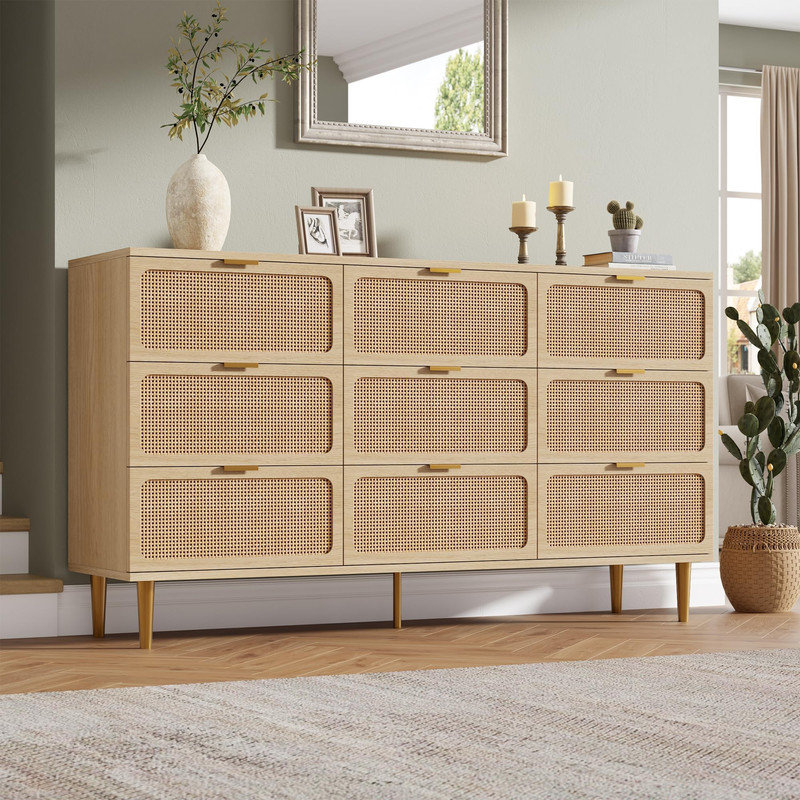 Commode 9 tiroirs en bois et rotin, commode haute pour chambre à coucher, placard, salon, couloir, Jaune