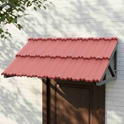 52.7" X 29" Fixed Metal Porch Awning, Triangular Steel Frame With Stone Pattern Steel Plate, Red Outdoor Canopy For Rain Snow Sun Protection, Ideal For Porch, Window, Patio And Balcony