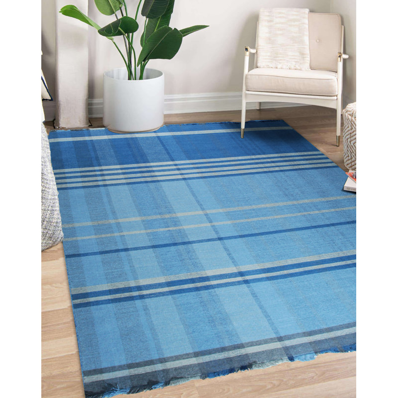 Tapis bleu en laine tissé à plat Benancia, Rectangle 6 pi x 9 pi