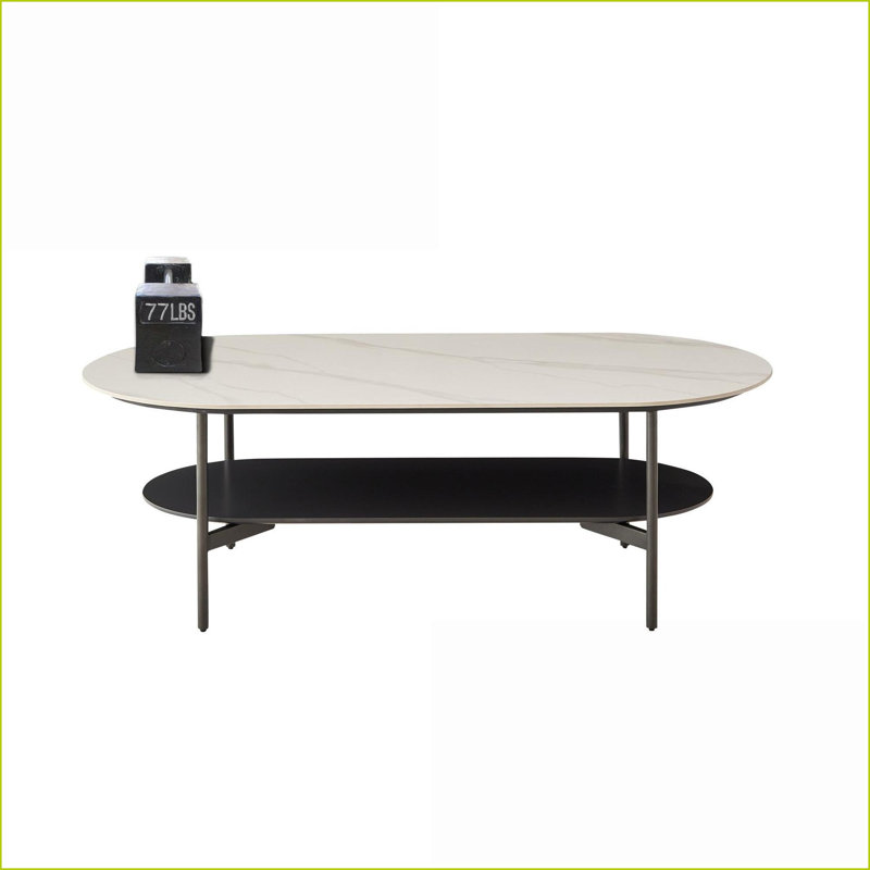 Table basse moderne à double couche pour le salon - blanc et amp; Brun café, plateau en pierre frittée, assemblage facile