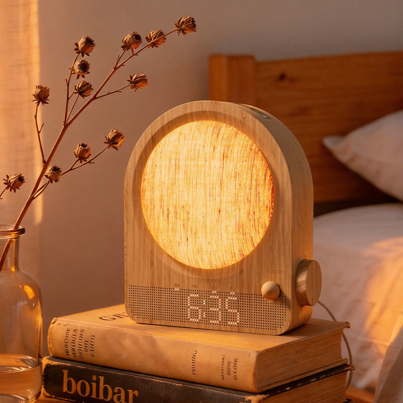 Wood Grain Sunrise Alarm Clock with Sound Machine & RGB Night Light, Dual Alarm, Dimmable Bedside Lamp for Bedroom,Tabletop Clocks