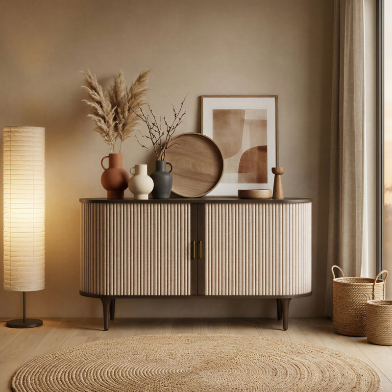Buffet en chêne teint foncé 55 "avec portes en tissu Willam, Chêne teint foncé