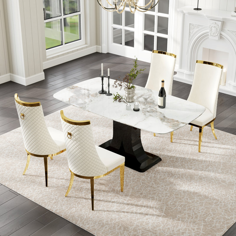 Ensemble de table de salle à manger Luxtury, 5 pièces: table, 4 chaises, Blanc, Beige