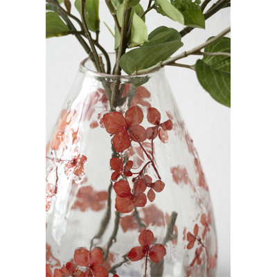 D6x9.1 "Vase rond en verre transparent avec motif de fleur rouge fantaisiste