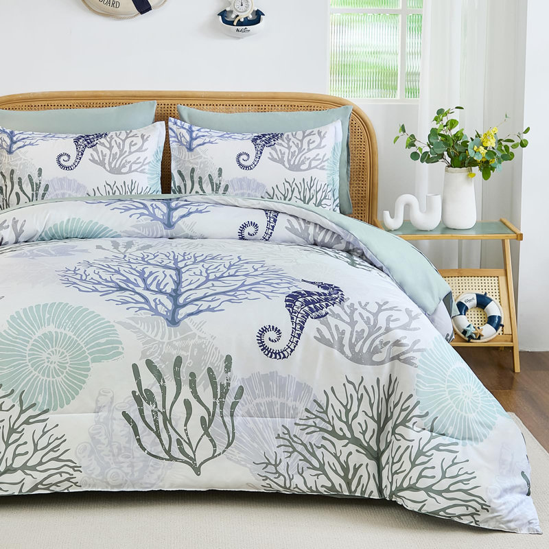 7-Piece Coastal Beach Comforter Set, Ocean Nautical All-Season Bedding, King Comforter + 6 Additional Pieces Included