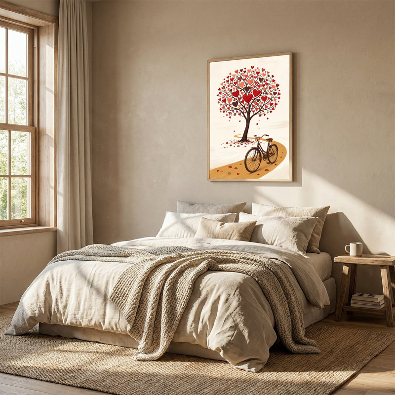 «Red Heart Tree» avec bicyclette rétro, art mural sur toile, 24"H x 18"W