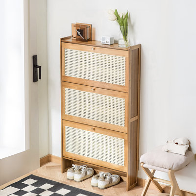 Bamboo 5-Tier Thin Shoe Cabinet For Narrow Entryway Slim Storage Rack With ABS Rattan Doors