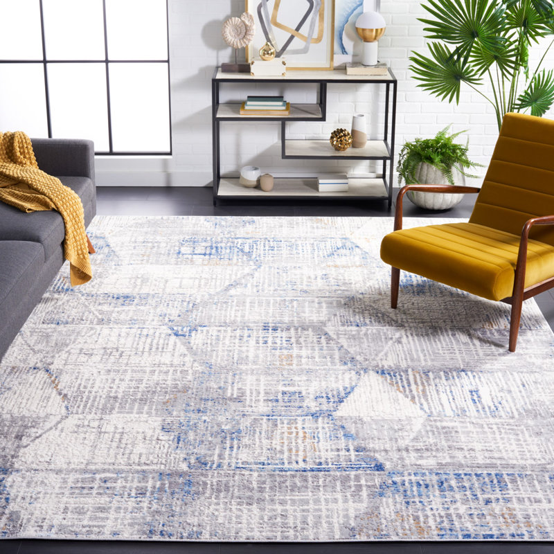 Tapis abstrait ivoire / bleu, Rectangle 8 pi x 10 pi