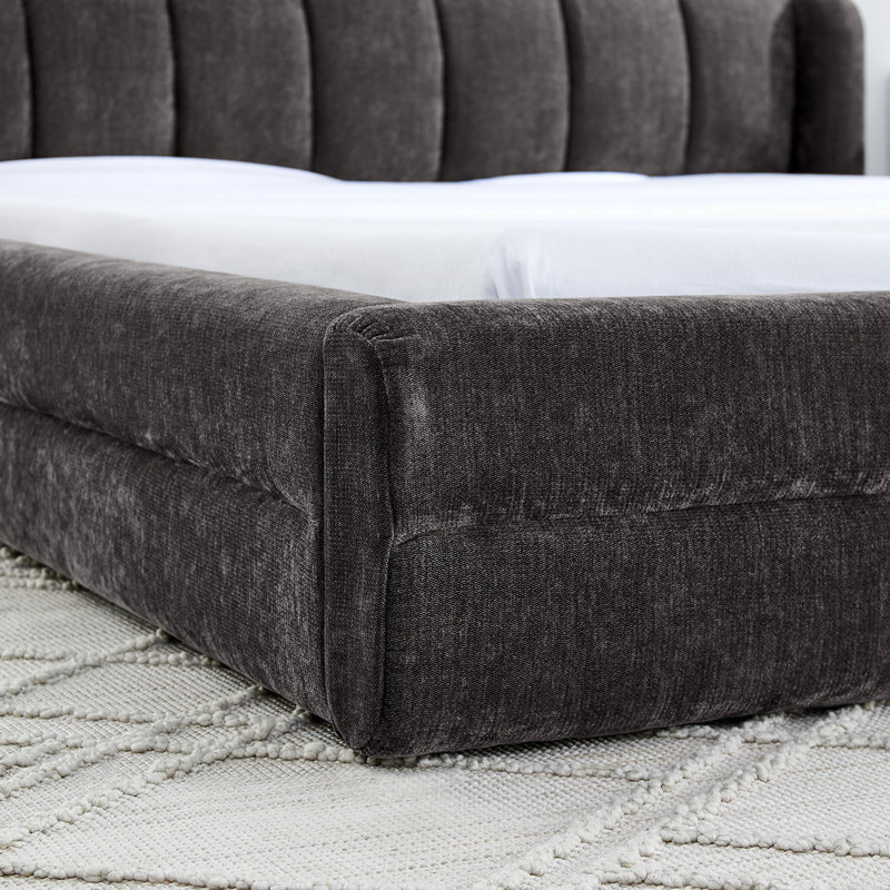 Grand lit plateforme tapissier avec structure en chenille épaisse et tête de lit, Gris foncé