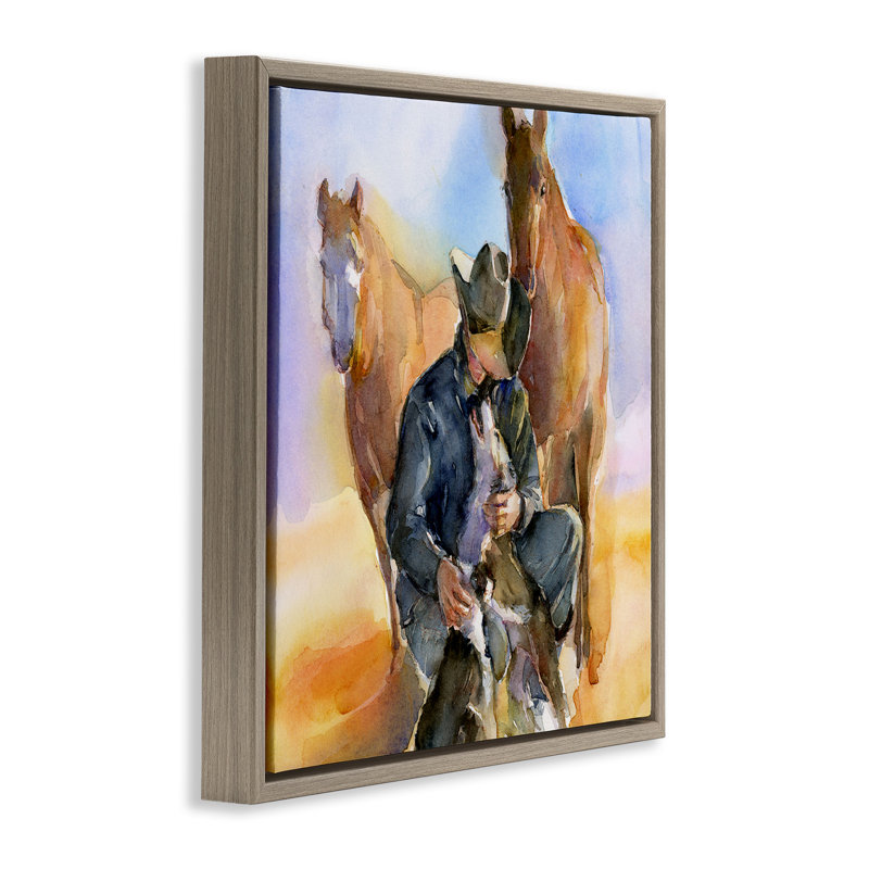 Cowboy et animaux à l'aquarelle, Cadre flottant orme Montalcino, H 25 po x l 25 po