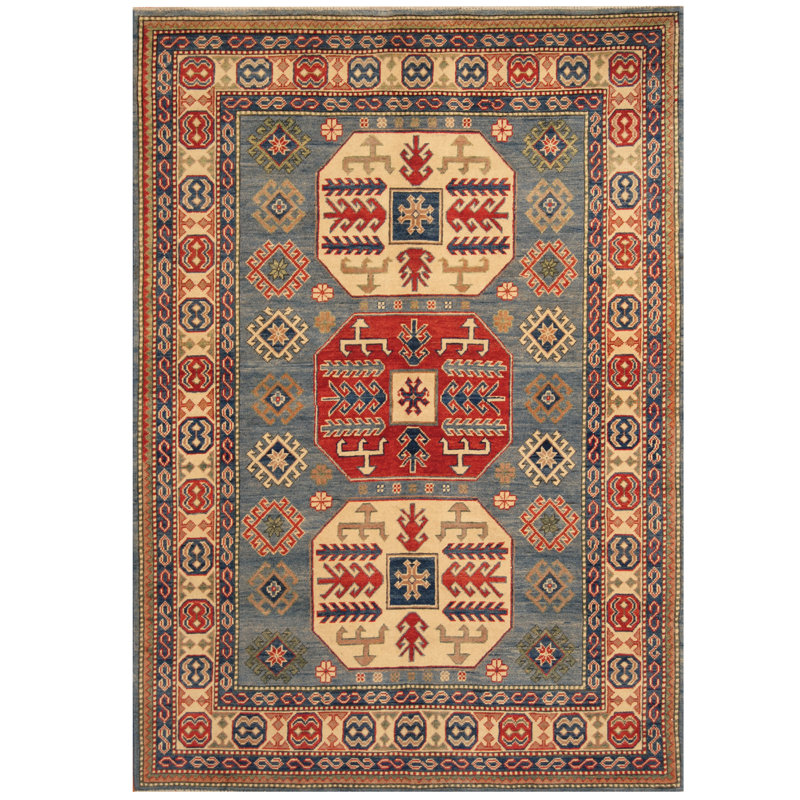 Tapis unique en laine noué à la main bleu / ivoire 5 pi x 7 pi Jevon