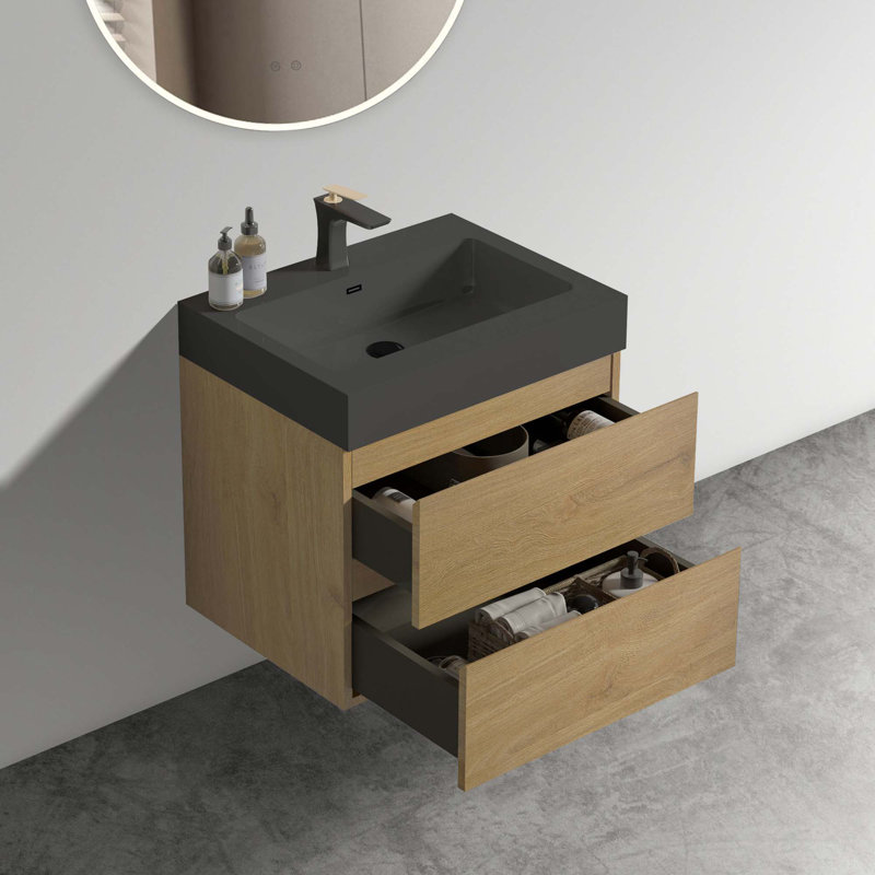Meuble-lavabo mural moderne avec lavabo une pièce sans drain ni robinet, Noir