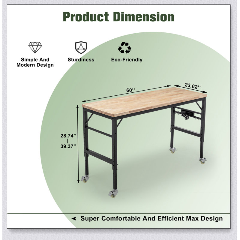 Établi réglable de 60 po pour le garage, poste de travail robuste en bois d'hévéa avec prises de courant et roues, table de travail en bois franc d'une capacité de charge de 2000 lb pour atelier, garage, bureau, maison